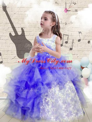 Scoop Sleeveless Floor Length Beading and Ruffles Lace Up Pageant Gowns For Girls with Blue