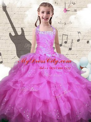Halter Top Rose Pink Ball Gowns Beading and Ruffles Kids Pageant Dress Lace Up Organza Sleeveless Floor Length