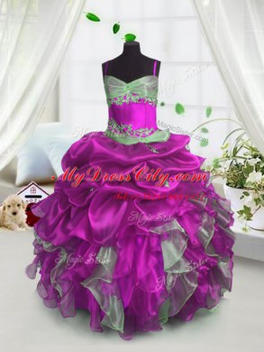 Fuchsia Sleeveless Beading and Ruffles and Pick Ups Floor Length Party Dresses