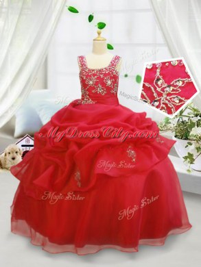 Sleeveless Floor Length Beading and Pick Ups Lace Up Juniors Party Dress with Coral Red