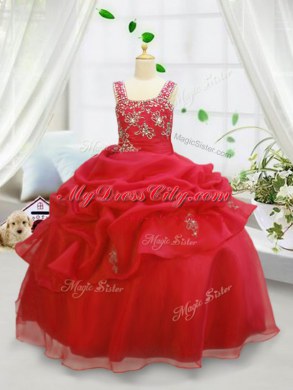 Sleeveless Floor Length Beading and Pick Ups Lace Up Juniors Party Dress with Coral Red