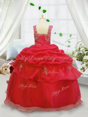 Sleeveless Floor Length Beading and Pick Ups Lace Up Juniors Party Dress with Coral Red