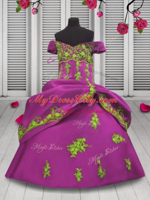 Ball Gowns Pageant Dress Toddler Hot Pink Off The Shoulder Satin Sleeveless Floor Length Lace Up