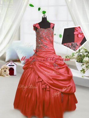 Watermelon Red Satin Lace Up Straps Sleeveless Floor Length Little Girl Pageant Dress Beading and Pick Ups