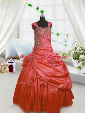 Watermelon Red Satin Lace Up Straps Sleeveless Floor Length Little Girl Pageant Dress Beading and Pick Ups