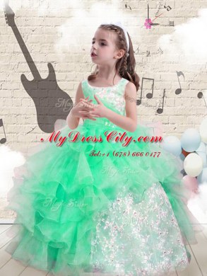 Scoop Floor Length Apple Green Juniors Party Dress Organza Sleeveless Beading and Ruffles