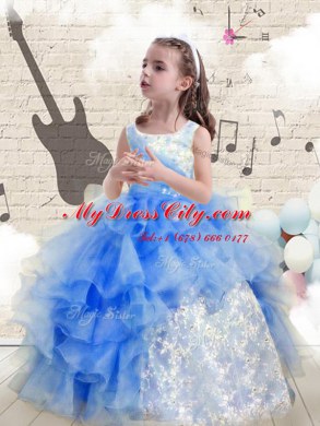 Scoop Baby Blue Sleeveless Beading and Ruffles Floor Length Casual Dresses