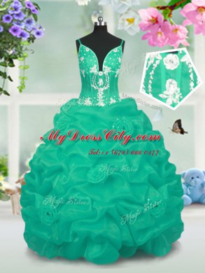 Sleeveless Floor Length Beading and Pick Ups Lace Up Little Girl Pageant Gowns with Turquoise