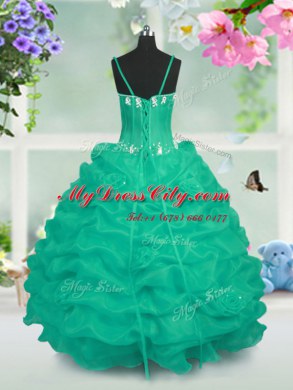 Sleeveless Floor Length Beading and Pick Ups Lace Up Little Girl Pageant Gowns with Turquoise