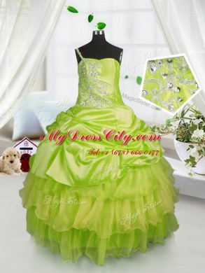 On Sale One Shoulder Yellow Green Lace Up Party Dress Beading and Ruffled Layers and Pick Ups Sleeveless Floor Length