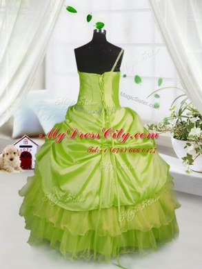 On Sale One Shoulder Yellow Green Lace Up Party Dress Beading and Ruffled Layers and Pick Ups Sleeveless Floor Length