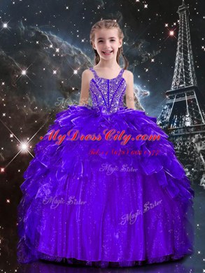 Beading and Ruffles Little Girl Pageant Dress Dark Purple Lace Up Sleeveless Floor Length