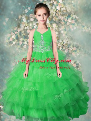Affordable Halter Top Green Zipper Custom Made Beading and Ruffled Layers Sleeveless Floor Length