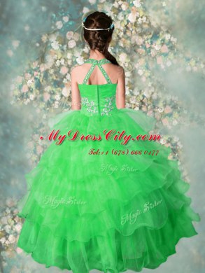 Affordable Halter Top Green Zipper Custom Made Beading and Ruffled Layers Sleeveless Floor Length