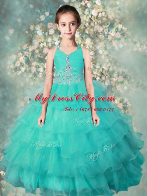 Adorable Turquoise Ball Gowns Organza Halter Top Sleeveless Beading and Ruffled Layers Floor Length Zipper Little Girls Pageant Gowns