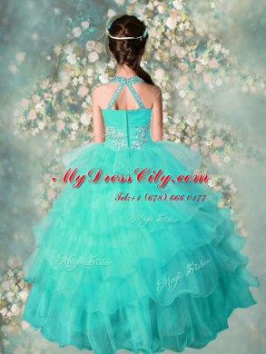 Adorable Turquoise Ball Gowns Organza Halter Top Sleeveless Beading and Ruffled Layers Floor Length Zipper Little Girls Pageant Gowns