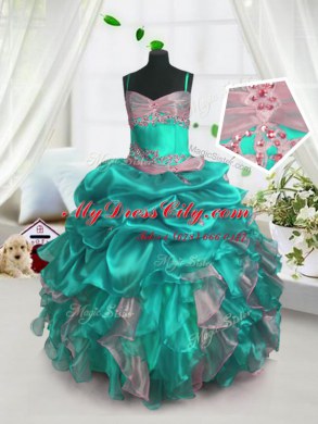Fancy Turquoise Spaghetti Straps Neckline Beading and Ruffles and Pick Ups Little Girls Pageant Gowns Sleeveless Lace Up