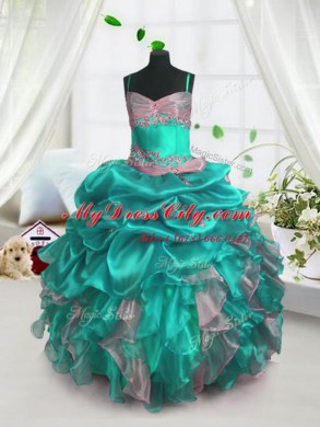 Fancy Turquoise Spaghetti Straps Neckline Beading and Ruffles and Pick Ups Little Girls Pageant Gowns Sleeveless Lace Up