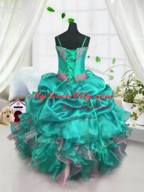 Fancy Turquoise Spaghetti Straps Neckline Beading and Ruffles and Pick Ups Little Girls Pageant Gowns Sleeveless Lace Up