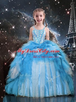 Baby Blue Ball Gowns Spaghetti Straps Sleeveless Organza Floor Length Lace Up Beading and Ruffles Juniors Party Dress