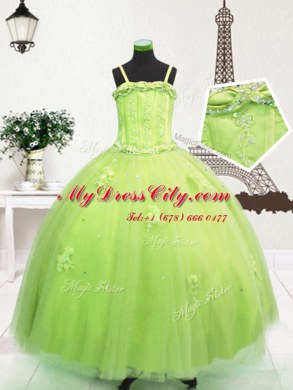 Yellow Green Zipper Spaghetti Straps Beading and Appliques Pageant Dress Wholesale Tulle Sleeveless