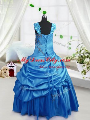 Floor Length Zipper Pageant Dress Toddler Aqua Blue for Party and Wedding Party with Beading and Pick Ups