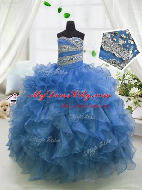 Admirable Blue Pageant Dress for Girls Party and Wedding Party and For with Beading and Ruffles Sweetheart Sleeveless Lace Up