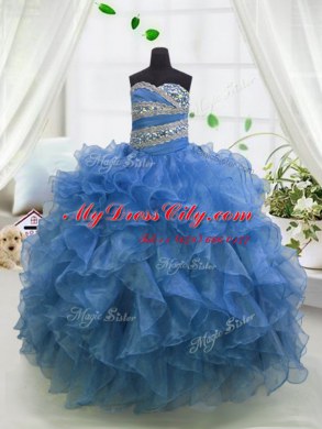 Admirable Blue Pageant Dress for Girls Party and Wedding Party and For with Beading and Ruffles Sweetheart Sleeveless Lace Up