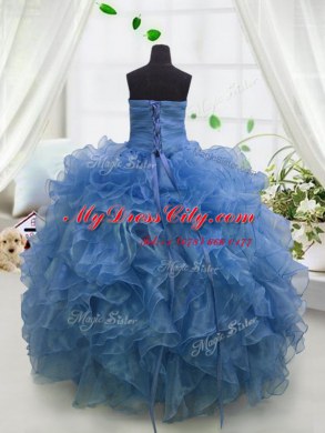Admirable Blue Pageant Dress for Girls Party and Wedding Party and For with Beading and Ruffles Sweetheart Sleeveless Lace Up