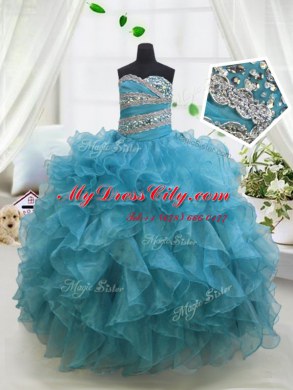 Lovely Blue Ball Gowns Organza Sweetheart Sleeveless Beading and Ruffles Floor Length Lace Up Juniors Party Dress