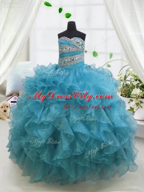 Lovely Blue Ball Gowns Organza Sweetheart Sleeveless Beading and Ruffles Floor Length Lace Up Juniors Party Dress