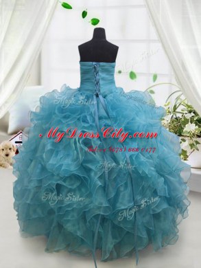Lovely Blue Ball Gowns Organza Sweetheart Sleeveless Beading and Ruffles Floor Length Lace Up Juniors Party Dress