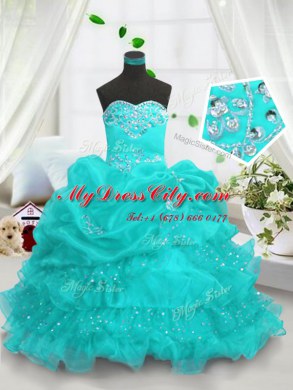 Latest Aqua Blue Sweetheart Lace Up Beading and Ruffled Layers and Pick Ups Pageant Dress Sleeveless