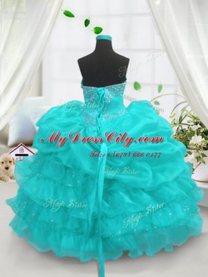 Latest Aqua Blue Sweetheart Lace Up Beading and Ruffled Layers and Pick Ups Pageant Dress Sleeveless