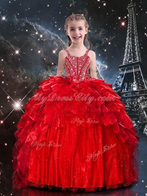 Sleeveless Floor Length Beading and Ruffles Lace Up Little Girls Pageant Dress with Red