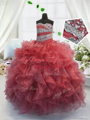 Floor Length Coral Red Pageant Dress Toddler Organza Sleeveless Beading and Ruffles