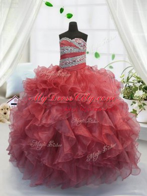 Floor Length Coral Red Pageant Dress Toddler Organza Sleeveless Beading and Ruffles
