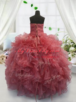 Floor Length Coral Red Pageant Dress Toddler Organza Sleeveless Beading and Ruffles