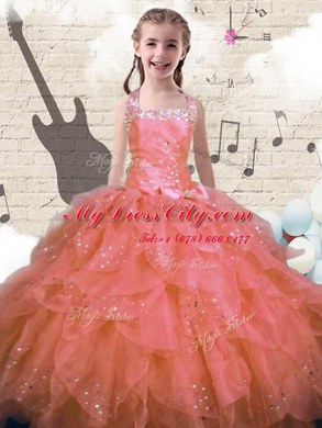 Halter Top Sleeveless Organza Pageant Dress for Teens Beading and Ruffles Lace Up