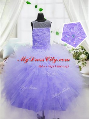 Elegant Scoop Sleeveless Pageant Dress Floor Length Beading and Ruffles Purple Organza