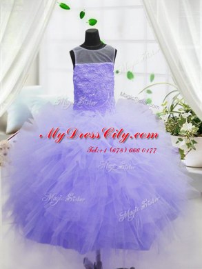 Elegant Scoop Sleeveless Pageant Dress Floor Length Beading and Ruffles Purple Organza