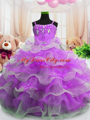 Sleeveless Organza Floor Length Zipper Party Dresses in Purple with Beading and Ruffled Layers