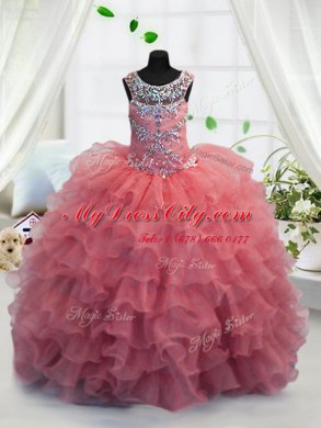 Superior Scoop Floor Length Lace Up Girls Pageant Dresses Coral Red for Party and Wedding Party with Beading and Ruffled Layers
