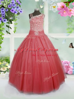 On Sale Watermelon Red Ball Gowns Tulle Asymmetric Sleeveless Beading Floor Length Side Zipper Child Pageant Dress