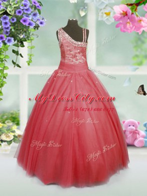 On Sale Watermelon Red Ball Gowns Tulle Asymmetric Sleeveless Beading Floor Length Side Zipper Child Pageant Dress