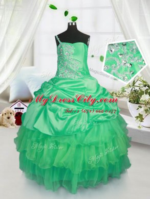 Wonderful Apple Green Ball Gowns Satin and Tulle Strapless Sleeveless Beading and Ruffled Layers and Pick Ups Floor Length Lace Up Womens Party Dresses