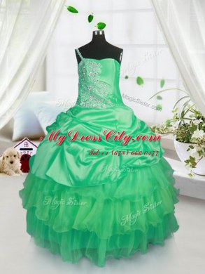 Wonderful Apple Green Ball Gowns Satin and Tulle Strapless Sleeveless Beading and Ruffled Layers and Pick Ups Floor Length Lace Up Womens Party Dresses