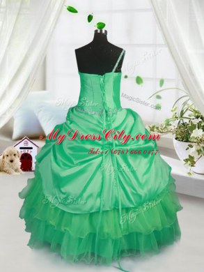 Wonderful Apple Green Ball Gowns Satin and Tulle Strapless Sleeveless Beading and Ruffled Layers and Pick Ups Floor Length Lace Up Womens Party Dresses