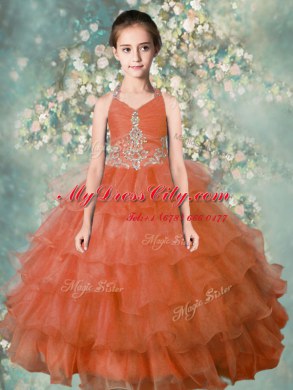 Orange Zipper Halter Top Beading and Ruffled Layers Party Dresses Organza Sleeveless