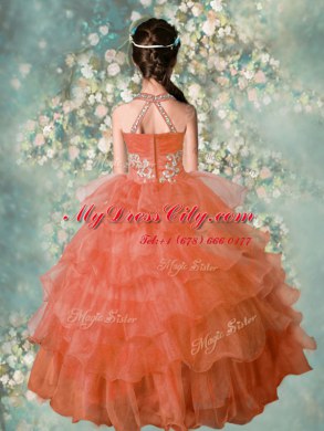 Orange Zipper Halter Top Beading and Ruffled Layers Party Dresses Organza Sleeveless